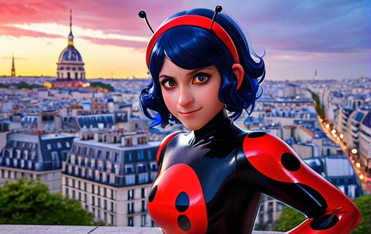 **
Prompt: Marinette transforming into Ladybug. Focus on the magical energy swirling around her as the costume appears. Emphasize the contrast between her normal, slightly anxious expression and the confident, determined look of Ladybug. Include Tikki, glowing brightly, nearby. Parisian cityscape in the background, subtly blurred. Style: Vibrant, dynamic, anime-inspired.
**
