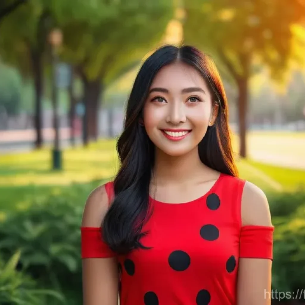 레이디버그 인스타그램 필터 - **Vibrant Transformation:** A young woman, mid-twenties, radiating joy and confidence, dramatically ...