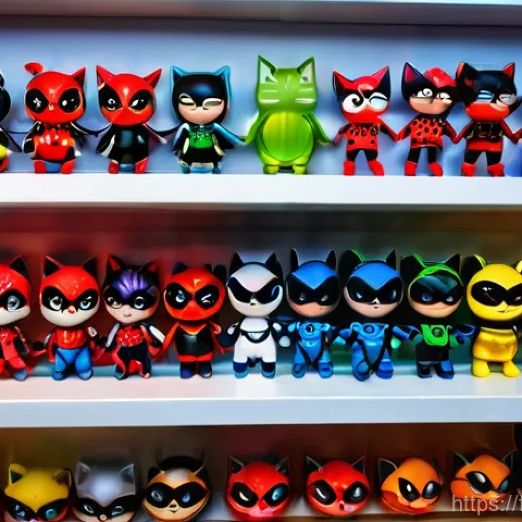 레이디버그 공식 굿즈 목록 - **A detailed shot of a collector's display shelf filled with Miraculous Ladybug action figures and p...