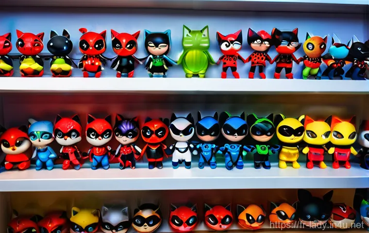 레이디버그 공식 굿즈 목록 - **A detailed shot of a collector's display shelf filled with Miraculous Ladybug action figures and p...