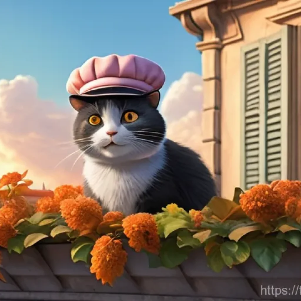 파리 배경의 애니메이션 - **Prompt:** A whimsical, animated depiction of Parisian rooftops at golden hour. Classic Haussmannia...
