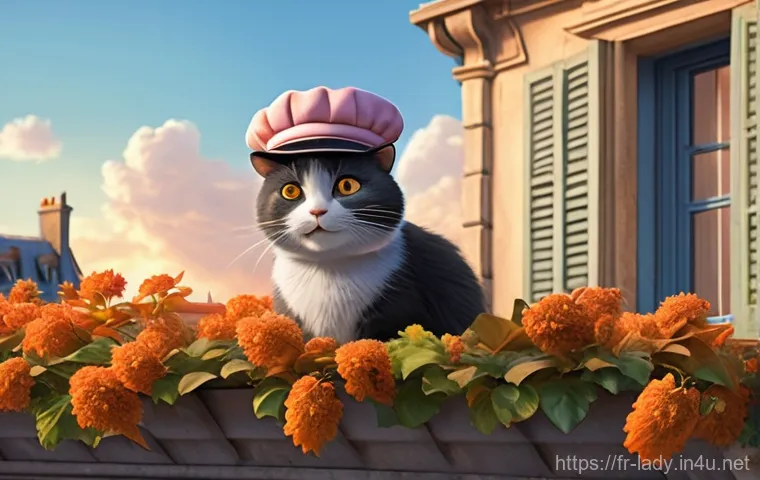 파리 배경의 애니메이션 - **Prompt:** A whimsical, animated depiction of Parisian rooftops at golden hour. Classic Haussmannia...