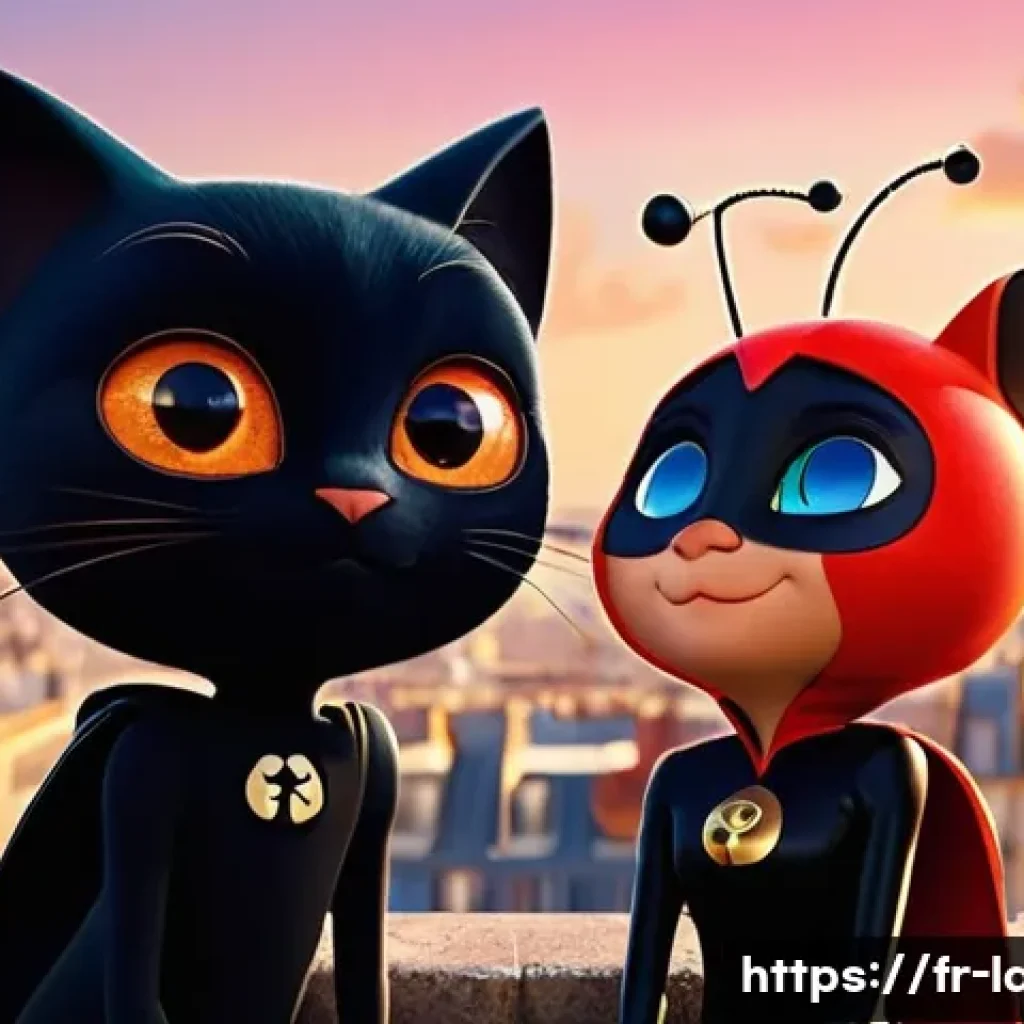 샤노아르의 코믹 요소 - **Prompt 1: Playful Banter on Parisian Rooftops**
"A full-body shot of Chat Noir and Ladybug sta...