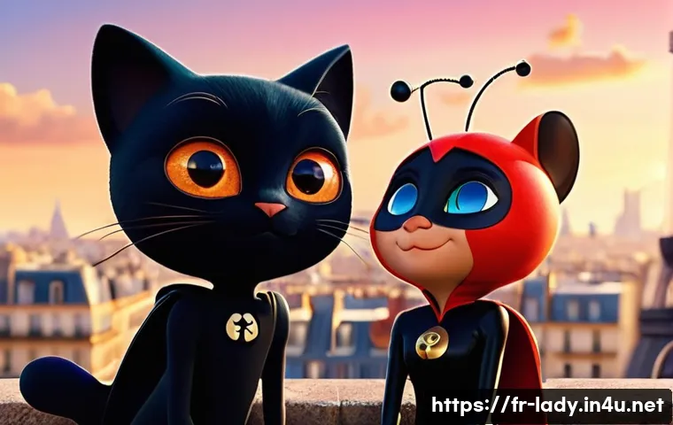 샤노아르의 코믹 요소 - **Prompt 1: Playful Banter on Parisian Rooftops**
"A full-body shot of Chat Noir and Ladybug sta...