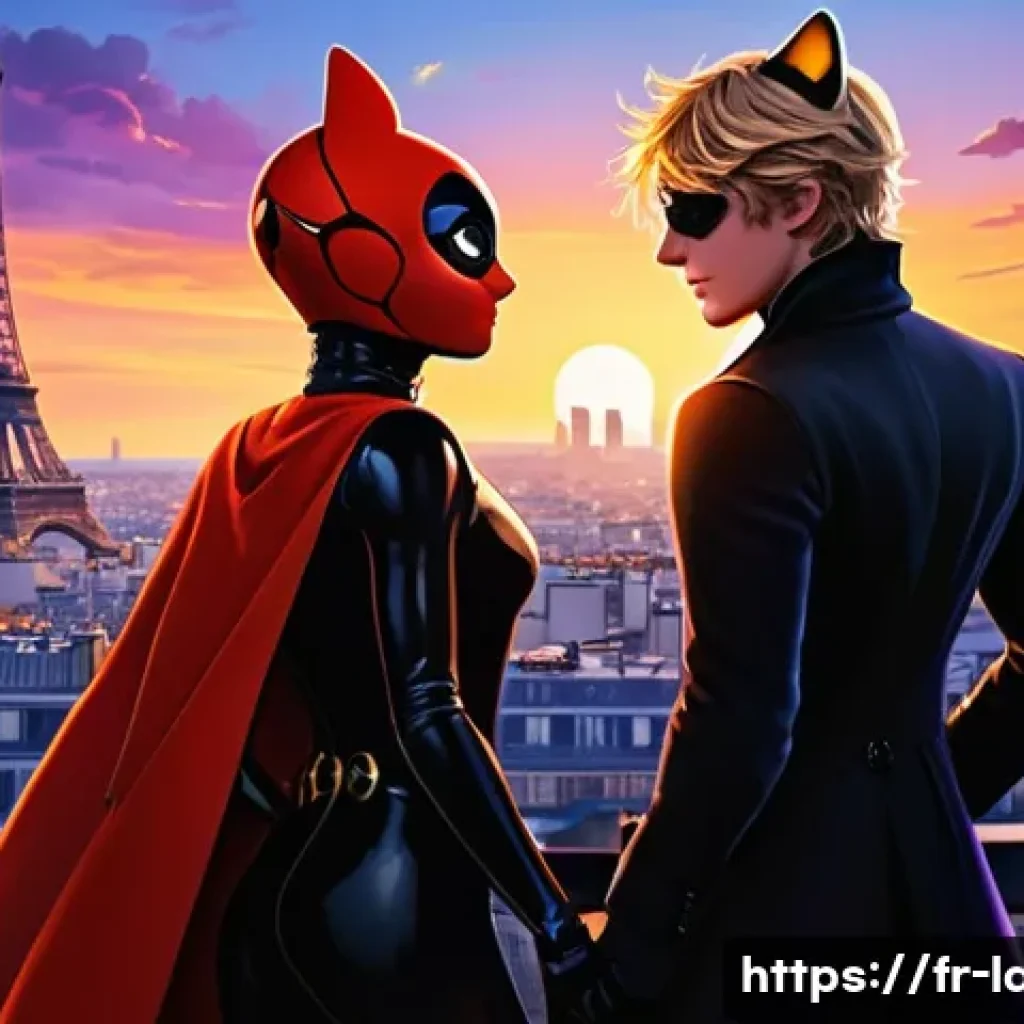 레이디버그 커뮤니티 인기 게시물 - A vibrant digital fanart scene featuring Ladybug and Chat Noir standing back-to-back on a Paris roof...