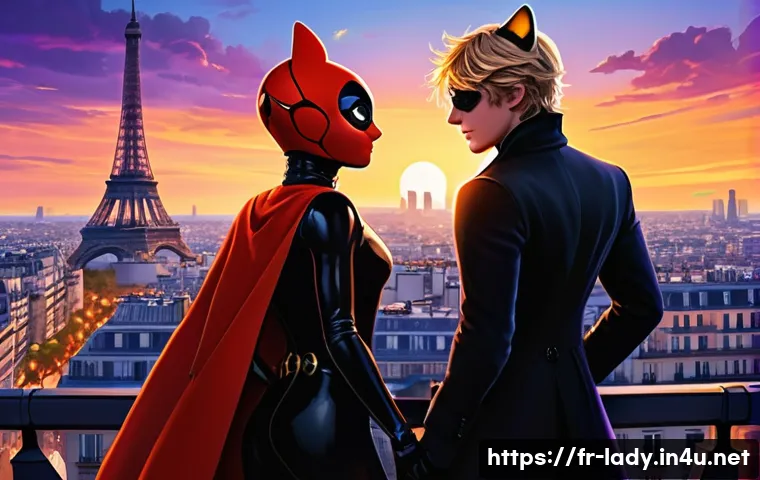 레이디버그 커뮤니티 인기 게시물 - A vibrant digital fanart scene featuring Ladybug and Chat Noir standing back-to-back on a Paris roof...