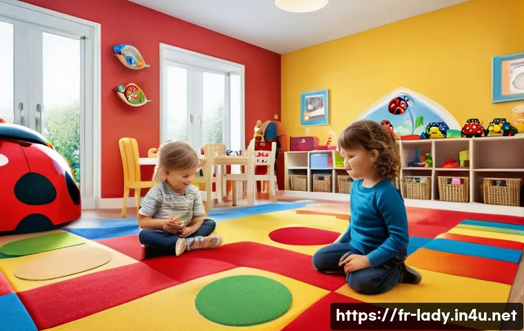 레이디버그 장난감 리뷰 - A brightly colored Ladybug-themed playroom scene featuring children aged 3 to 6 playing with large, ...