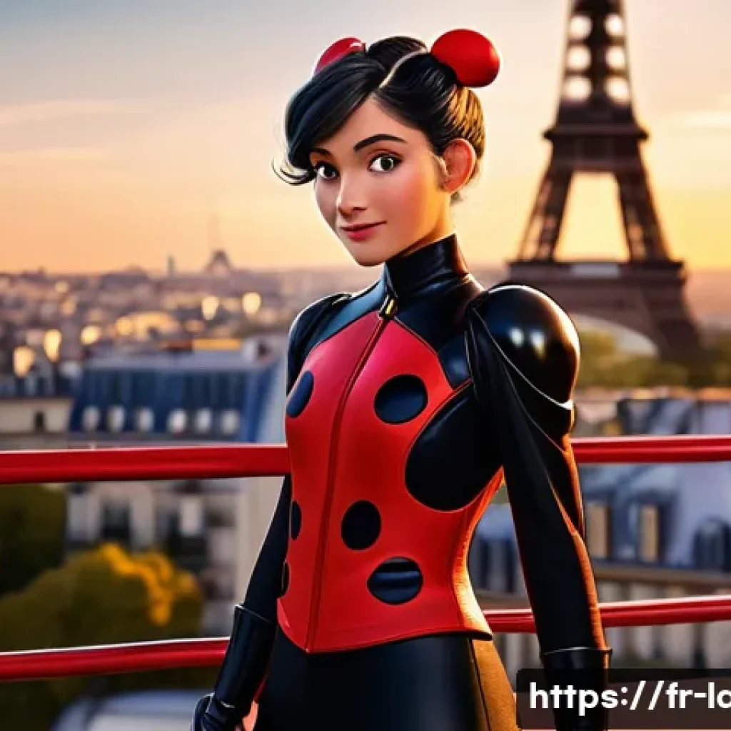 레이디버그 넷플릭스 방영 정보 - A vibrant scene of Marinette Dupain-Cheng as Ladybug in her iconic red and black spotted suit, stand...