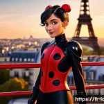Home 22 레이디버그 넷플릭스 방영 정보 - A vibrant scene of Marinette Dupain-Cheng as Ladybug in her iconic red and black spotted suit, stand...