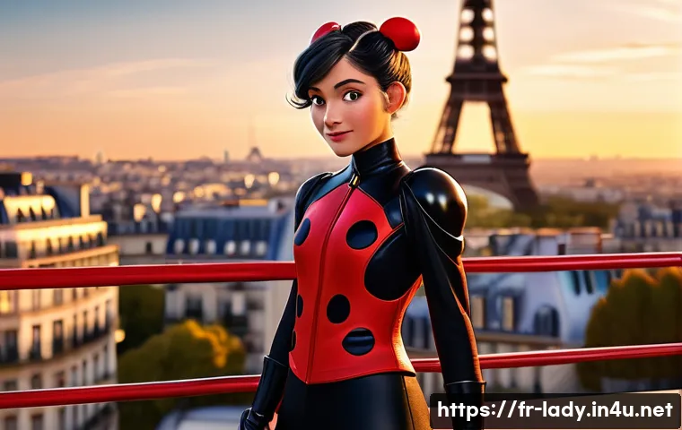 레이디버그 넷플릭스 방영 정보 - A vibrant scene of Marinette Dupain-Cheng as Ladybug in her iconic red and black spotted suit, stand...