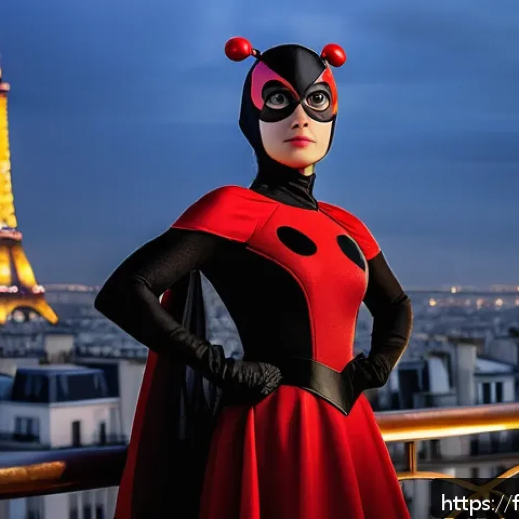 레이디버그 세계관 설정 - A detailed portrait of Marinette Dupain-Cheng in her Ladybug superhero costume, standing confidently...