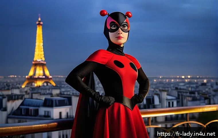 레이디버그 세계관 설정 - A detailed portrait of Marinette Dupain-Cheng in her Ladybug superhero costume, standing confidently...