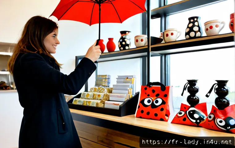 Home 17 레이디버그 상품화 전략 - Photorealistic French boutique merchandising scene, a stylish Parisian retail buyer arranging a coor...